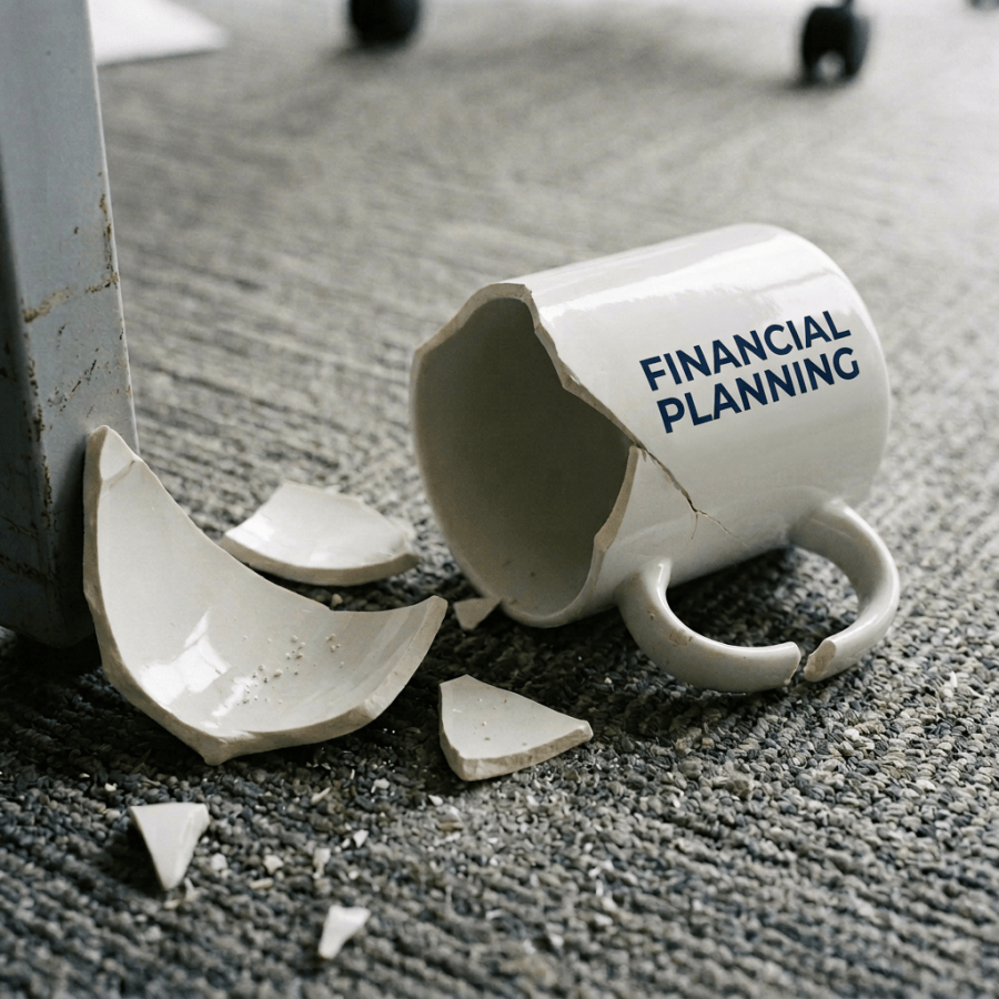 Broken financial planning mug beside a desk leg on office carpet